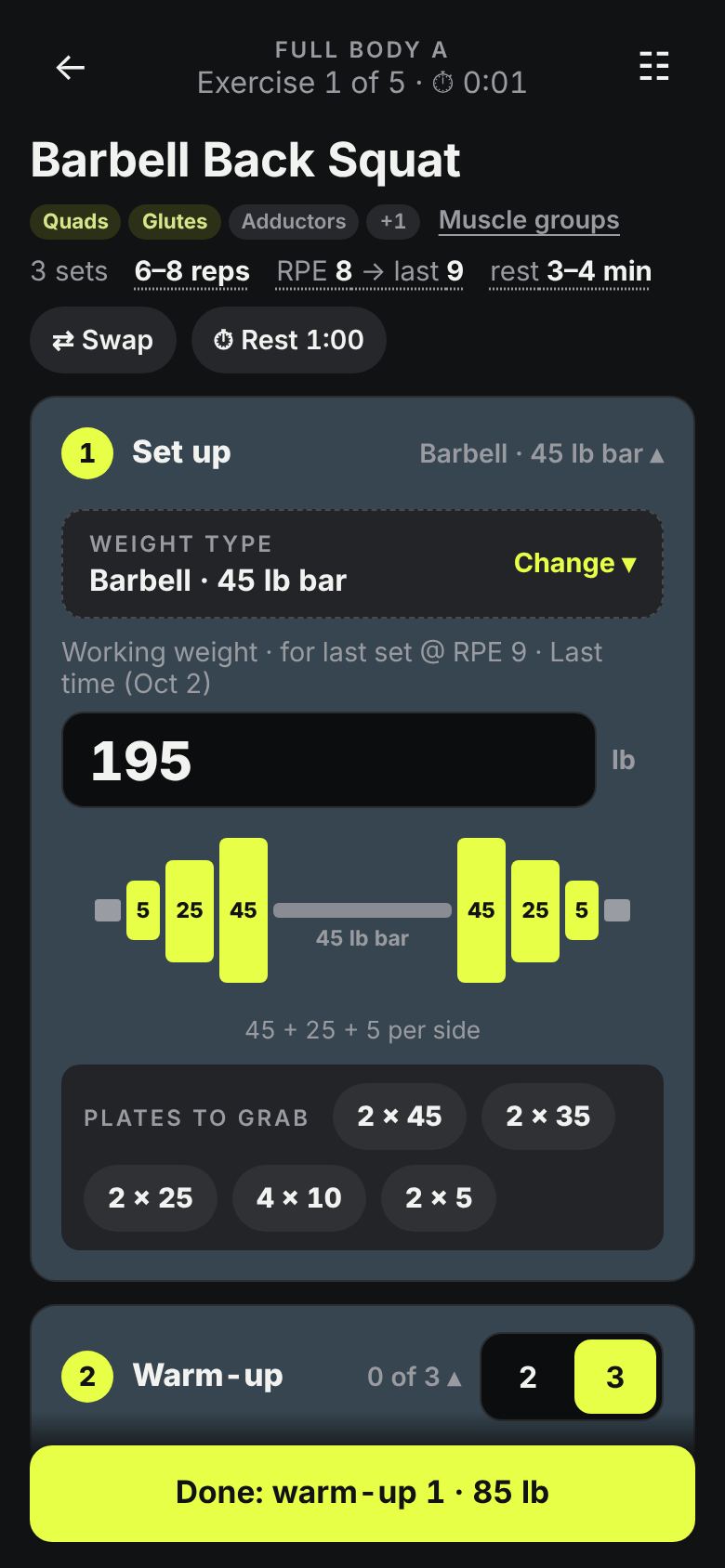 The workout screen: the bar drawn with its plates, warm-up sets, and the plates to grab.