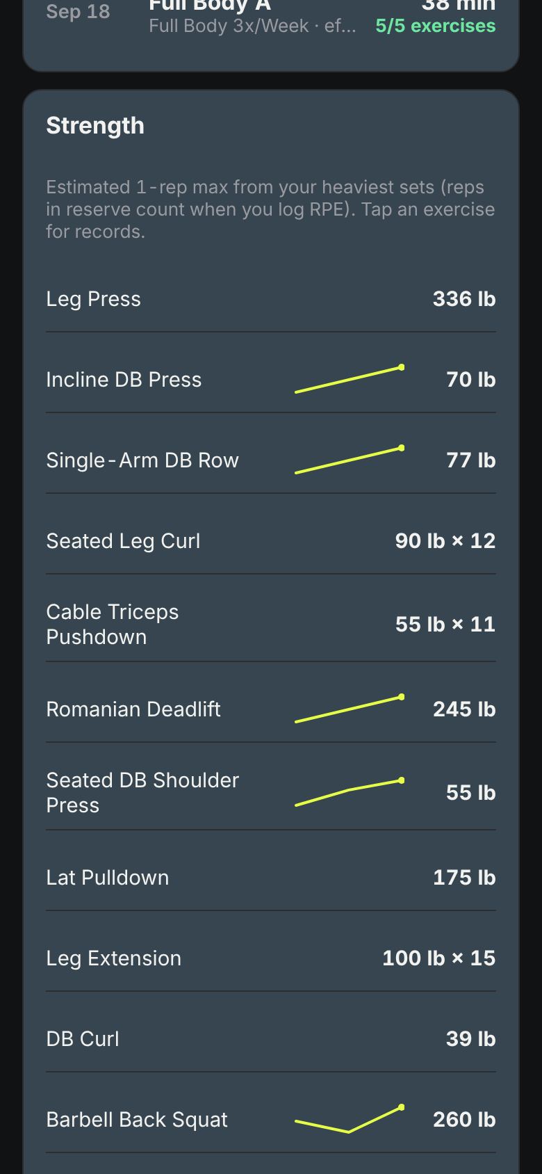 Stats: workouts, strength trends and sets per muscle.