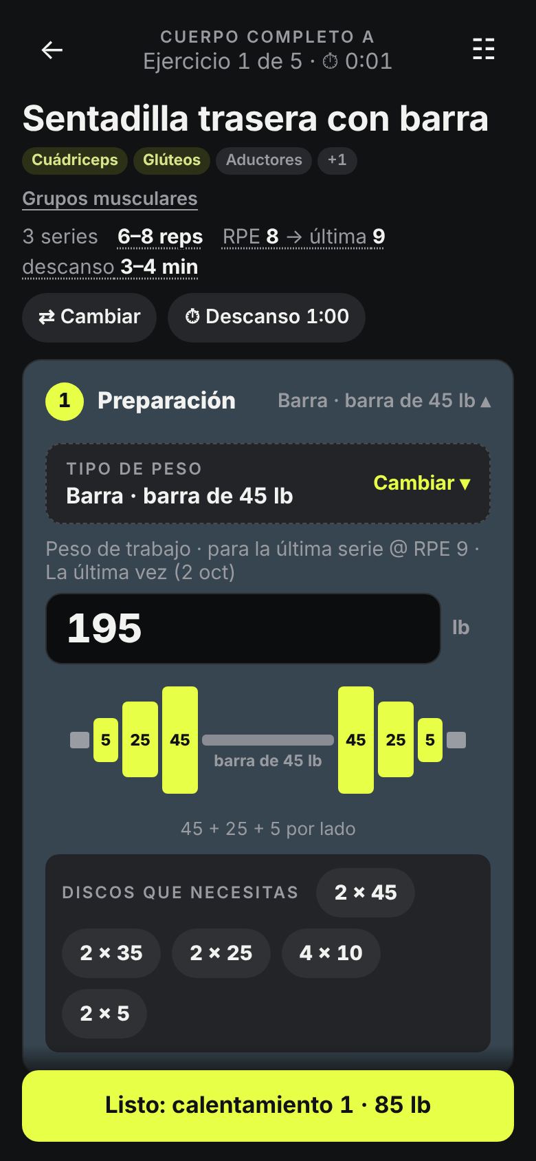 La pantalla de entrenamiento: la barra con sus discos, las series de calentamiento y los discos que hay que tomar.