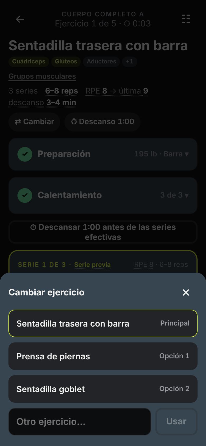 Eligiendo un ejercicio alternativo.