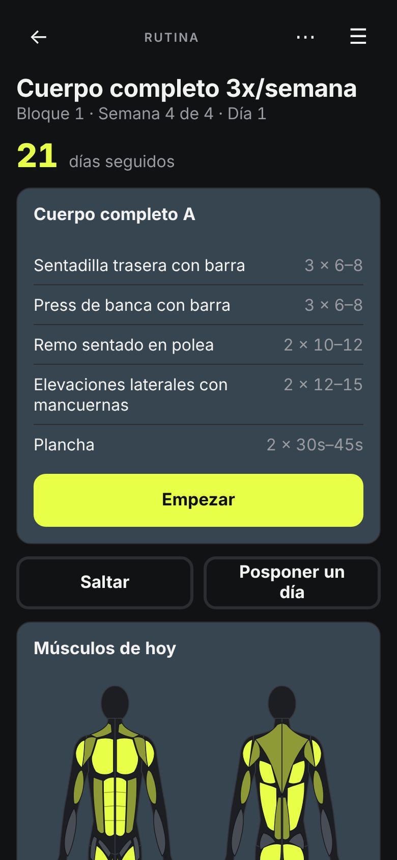 El entrenamiento de hoy en una rutina.